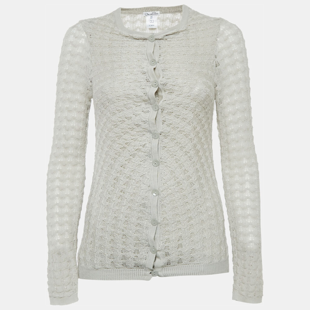luxury-women-oscar-de-la-rentaslug-used-clothes-p1076505-005 Oscar de la Renta Grey Patterned Cashmere Button Front Cardigan M