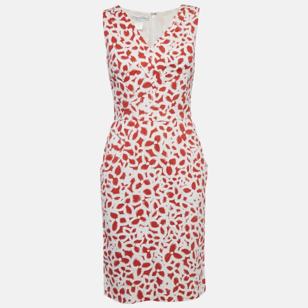 luxury-women-oscar-de-la-rentaslug-used-clothes-p1110901-001 Oscar de la Renta White/Red Floral Print Cotton Sleeveless Short Dress S