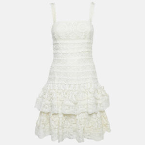 Oscar de la Renta Off-White Lace Ruffled Sleeveless Mini Dress S
