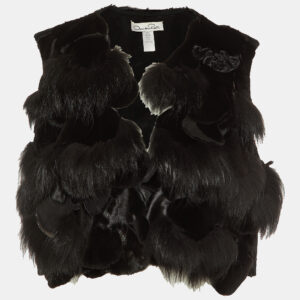 Oscar de la Renta Black Fur Detail Satin Sleeveless Coat L