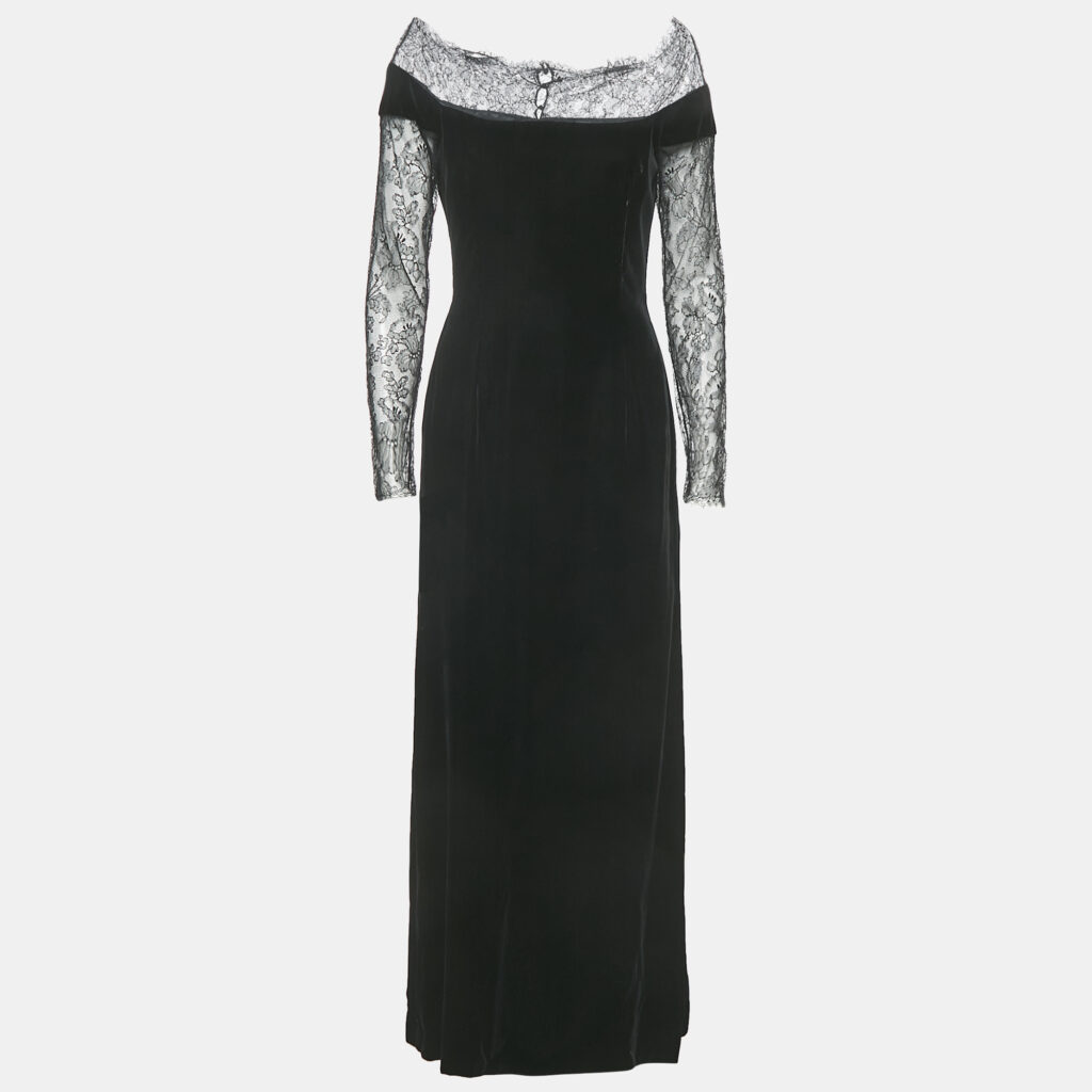 Oscar de la Renta Black Lace Trim Velvet Maxi Dress M