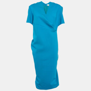 Oscar de la Renta Blue Wool Ruched Midi Dress XL