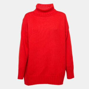 Oscar de la Renta Red Wool Rib Knit Turtle Neck Sweater S