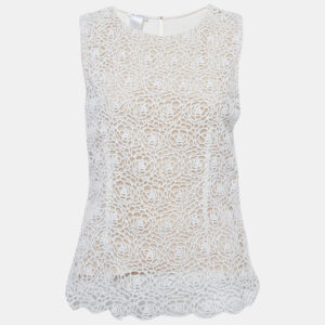 Oscar de la Renta White Lace and Crepe Sleeveless Top M