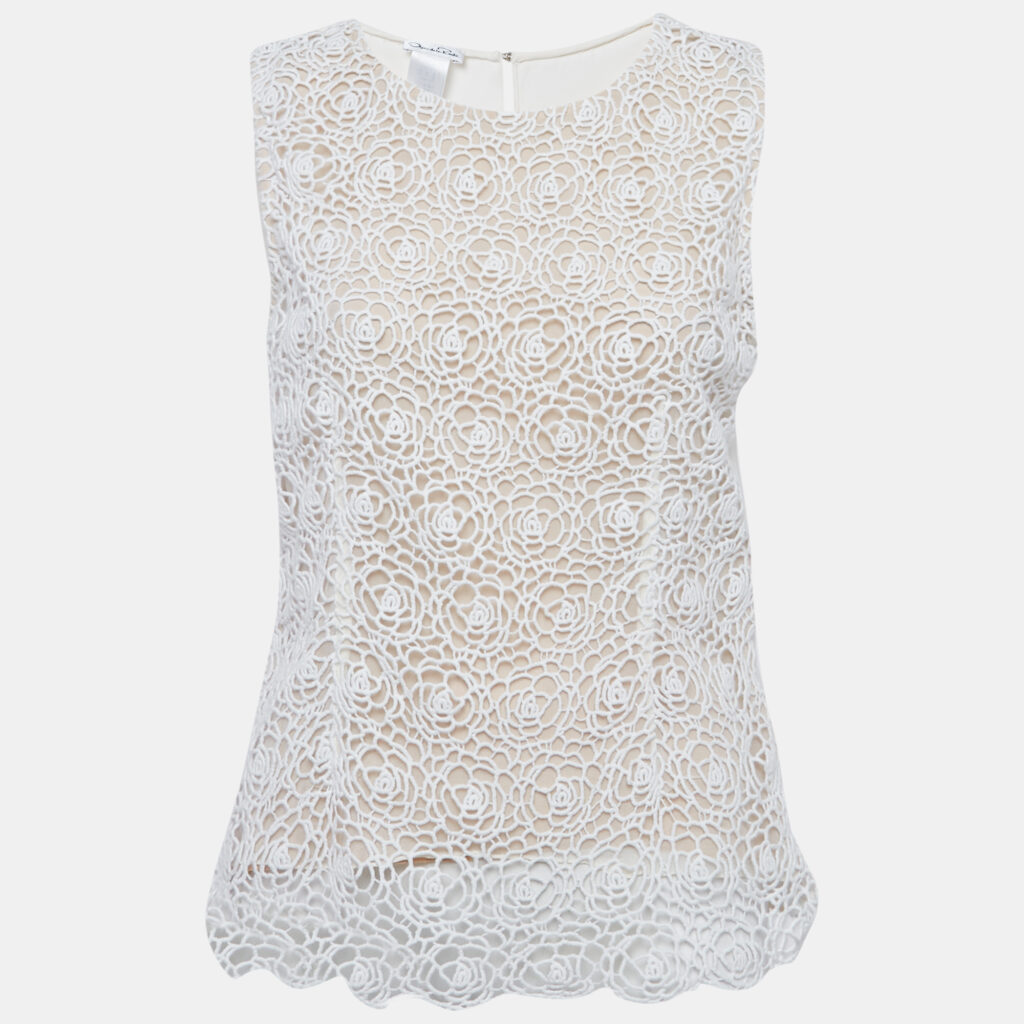 luxury-women-oscar-de-la-rentaslug-used-clothes-p1169657-002 Oscar de la Renta White Lace and Crepe Sleeveless Top M
