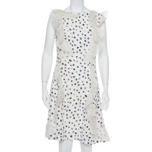 Oscar de la Renta White Painted Effect Lace Ruffle Detail Short Dress M