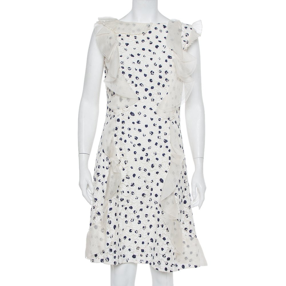 luxury-women-oscar-de-la-rentaslug-used-clothes-p395229-001 Oscar de la Renta White Painted Effect Lace Ruffle Detail Short Dress M