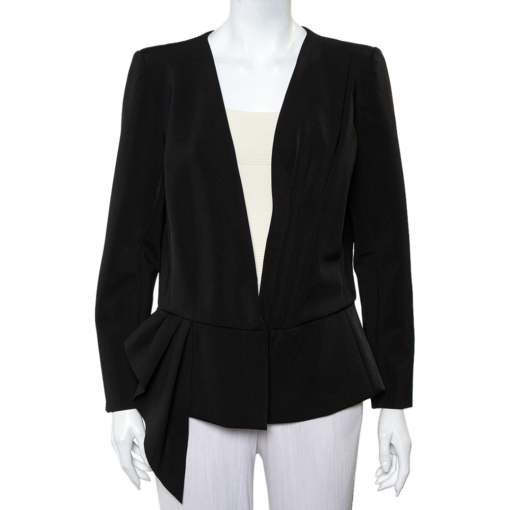luxury-women-oscar-de-la-rentaslug-used-clothes-p418847-006 Oscar de la Renta Black Knit Draped Detail Collarless Button Front Blazer XL