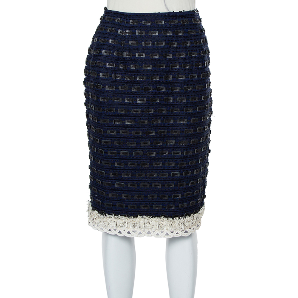 luxury-women-oscar-de-la-rentaslug-used-clothes-p461957-006 Oscar de la Renta Navy Blue Synthetic & Faux Leather Trim Pencil Skirt M