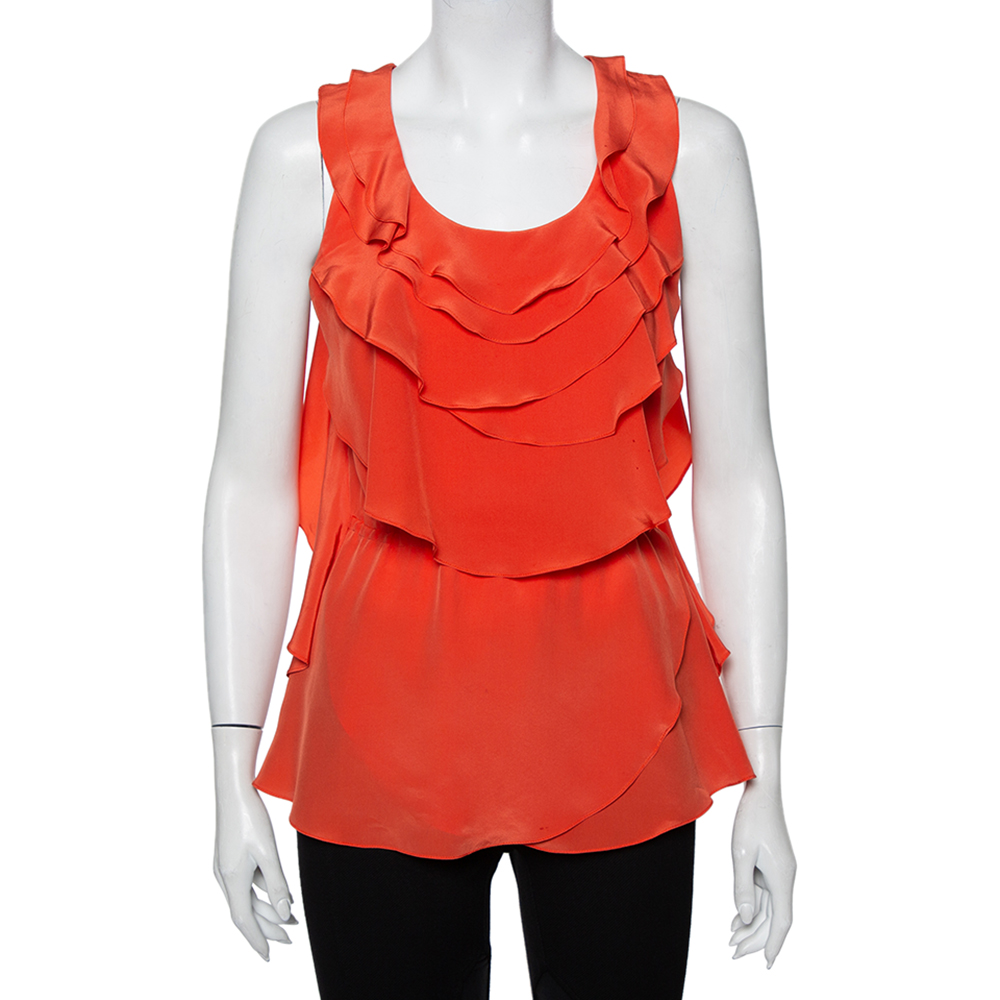 luxury-women-oscar-de-la-rentaslug-used-clothes-p463487-004 Oscar de la Renta Orange Ruffled Silk Sleeveless Top S