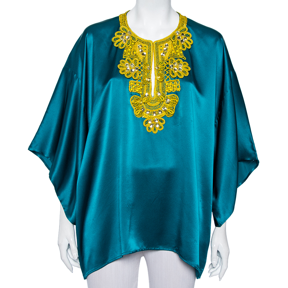 luxury-women-oscar-de-la-rentaslug-used-clothes-p470278-006 Oscar de la Renta Green Silk Satin Embellished Neck Detail Oversized Top L