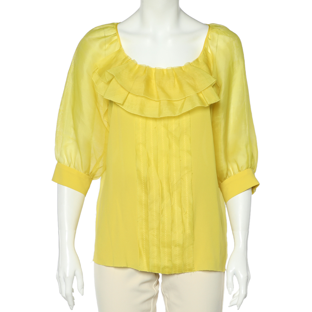 luxury-women-oscar-de-la-rentaslug-used-clothes-p605825-002-1 Oscar De La Renta Yellow Silk Organza Ruffle Detail Sheer Top L