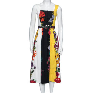 Oscar de la Renta Multicolor Floral Printed Cotton Pleated and Button Front Belted Midi Dress XS