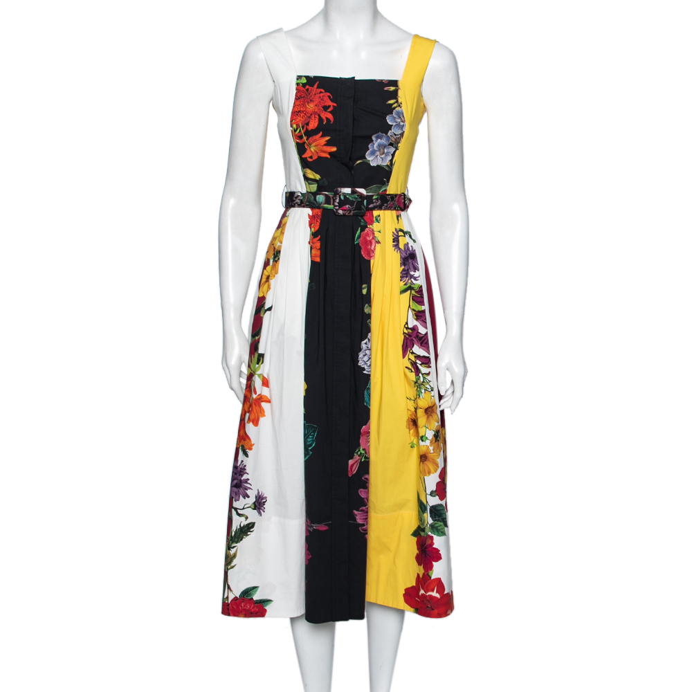 luxury-women-oscar-de-la-rentaslug-used-clothes-p618587-002-1 Oscar de la Renta Multicolor Floral Printed Cotton Pleated and Button Front Belted Midi Dress XS
