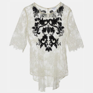 Oscar de la Renta White Lace Contrast Embroidery High Low Hem Top M
