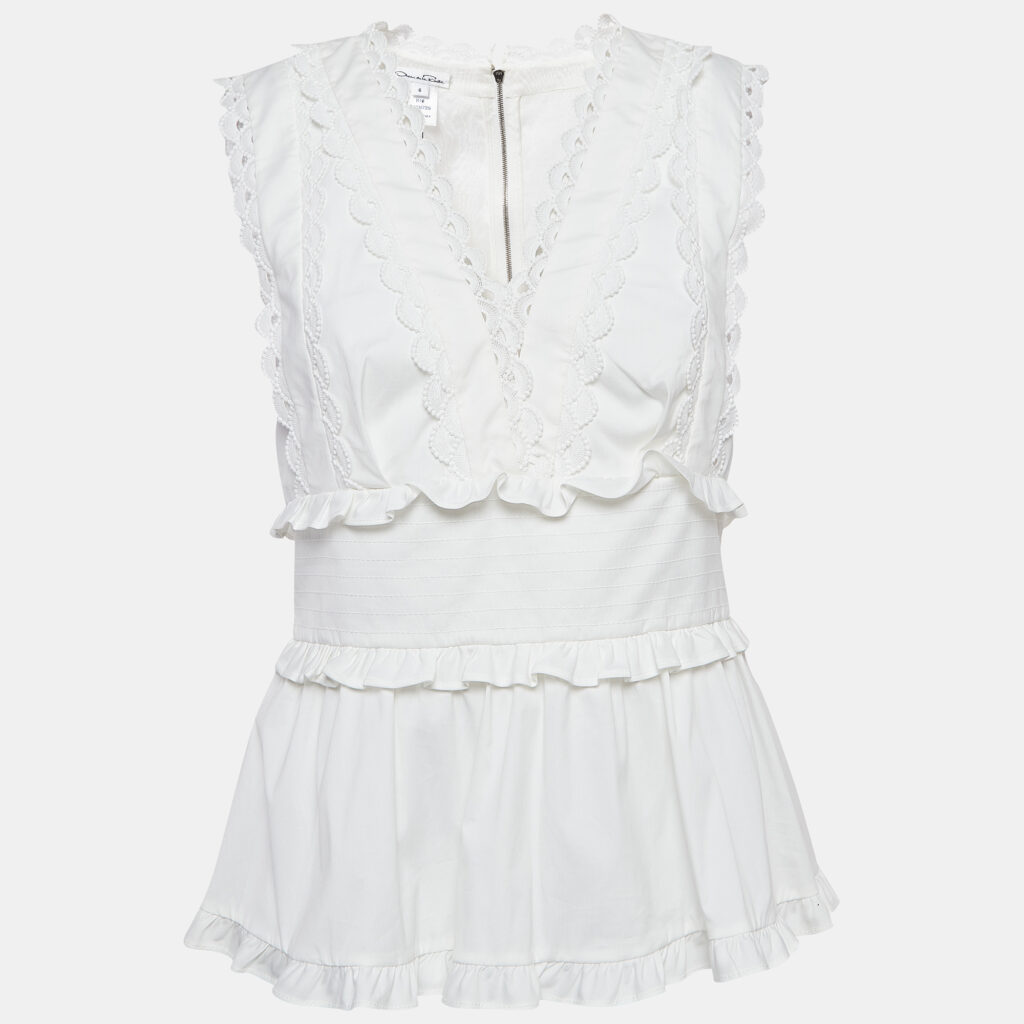 luxury-women-oscar-de-la-rentaslug-used-clothes-p940976-005 Oscar de la Renta White Lace Trim Cotton Ruffled Peplum Top M
