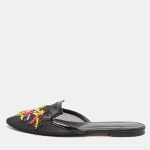 Oscar de la Renta Black Mesh And Patent Leather Embellished Flat Mules Size 41