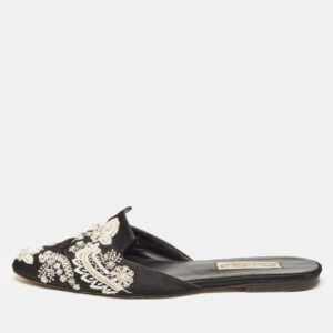 Oscar de la Renta Black Satin Embellished Flat Mule Size 39
