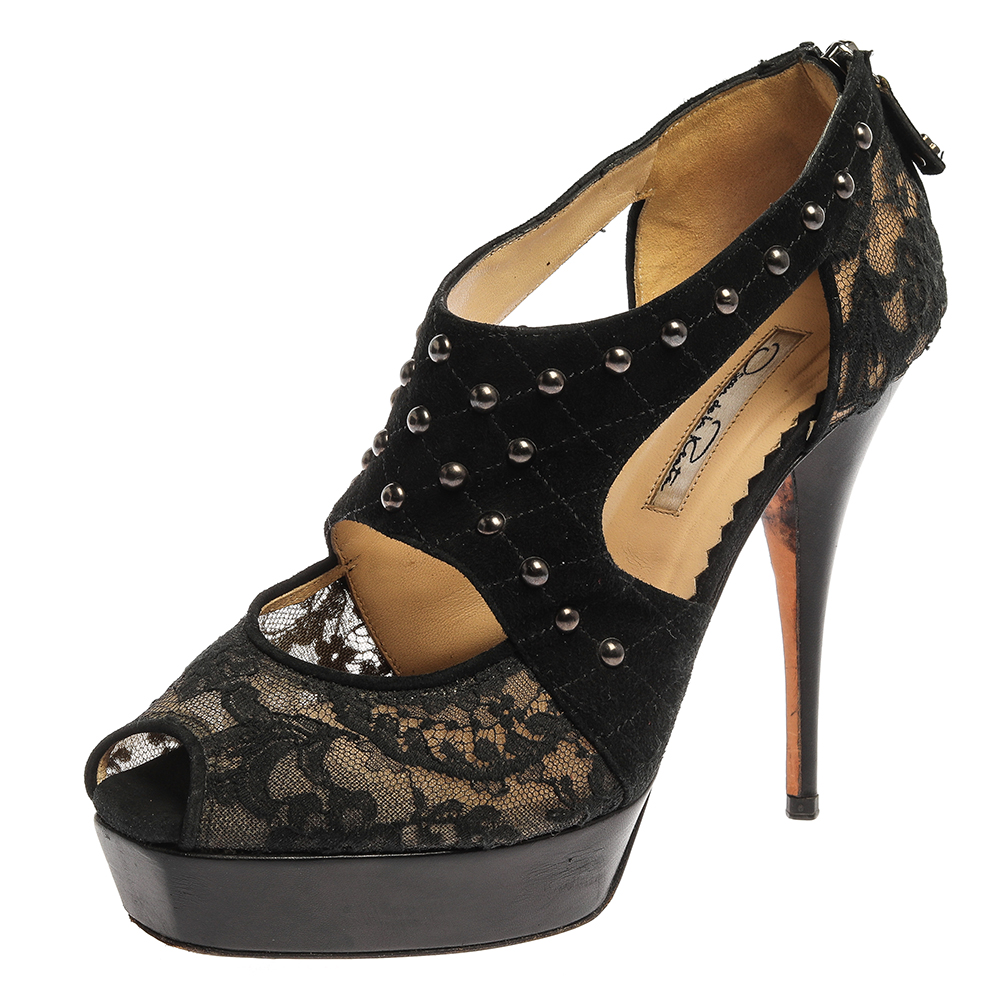 luxury-women-oscar-de-la-rentaslug-used-shoes-p354085-004 Oscar de la Renta Black Lace And Suede Platform Studded Peep Toe Zipper Sandals Size 38