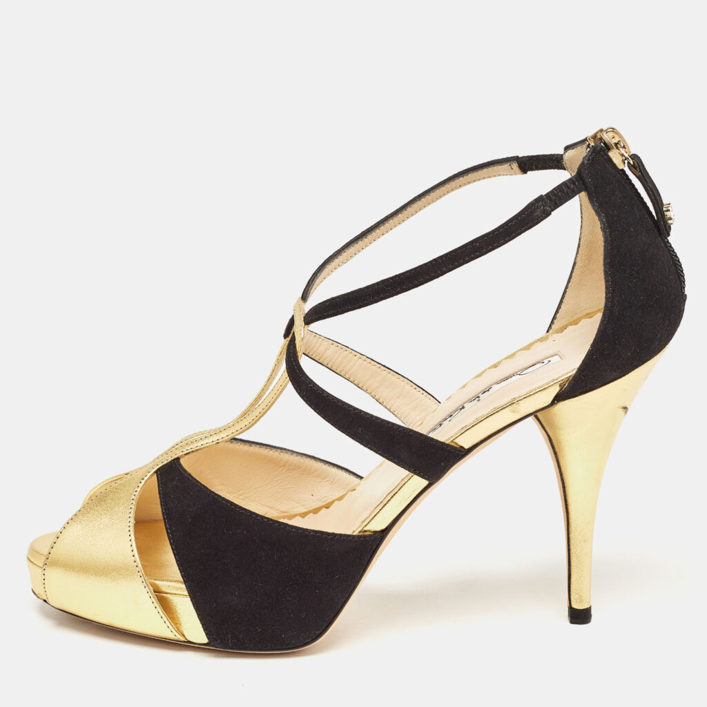 luxury-women-oscar-de-la-rentaslug-used-shoes-p930792-010 Oscar de la Renta Gold/Black Leather and Suede Ankle Strap Sandals Size 36.5