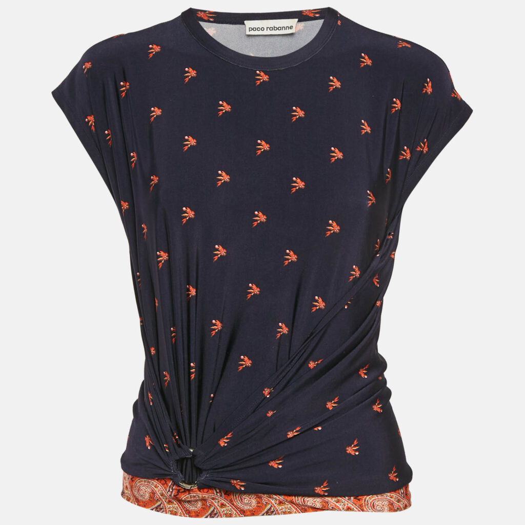 luxury-women-paco-rabanne-used-clothes-p1164440-001.jpg Paco Rabanne Navy Blue Printed Jersey Knot Detail Top S