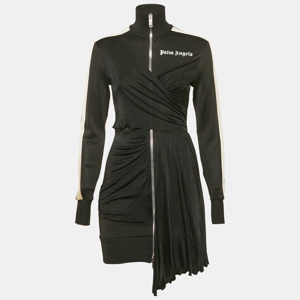 Palm Angels Black Jersey Draped Track-Style Dress S