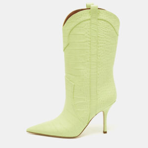 Paris Texas Lime Green Croc Embossed Leather Paloma Mid Calf Boots Size 38