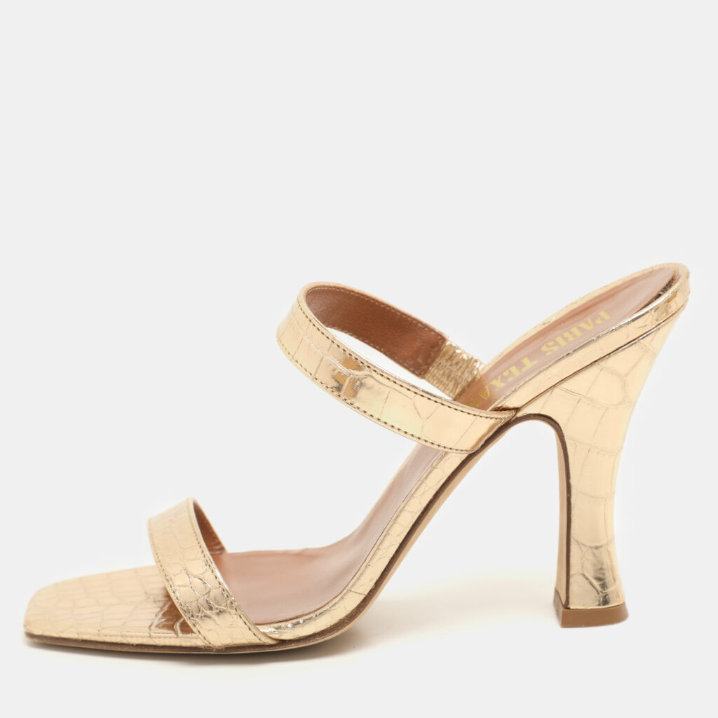 luxury-women-paris-texas-used-shoes-p1158310-002 Paris Texas Gold Croc Embossed Leather Slide Sandals Size 36.5
