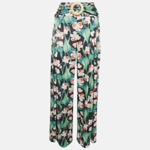 PATBO Black Floral Print Satin Belted Wide-Leg Pants S
