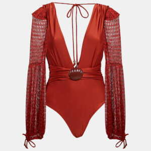 PATBO Brick Red Knit Netted Sleeve Detail Swimsuit L