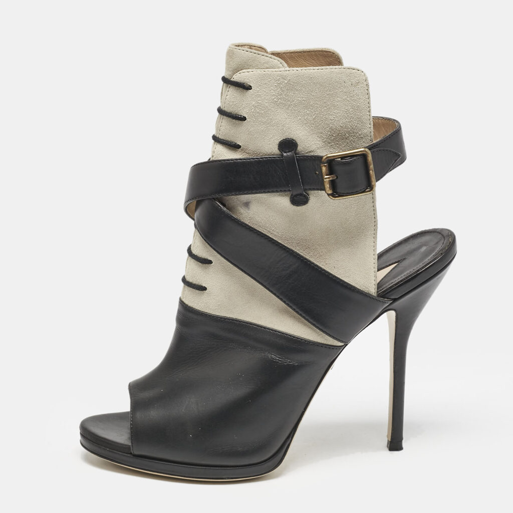 Paul Andrew Black/Grey Leather And Suede Criss Cross Open Toe Ankle Strap Boots Size 38