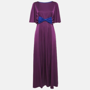 Paule Ka Purple Satin Pleated Bow Detail Maxi Dress M