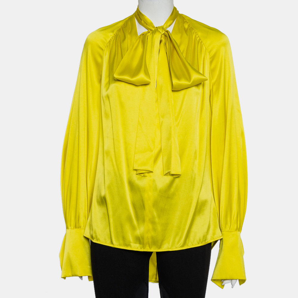 luxury-women-petar-petrov-used-clothes-p431451-010 Petar Petrov Yellow Silk Satin Neck Tie Detail Draped Open Back Top S