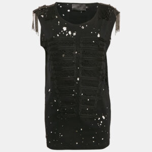 Philipp Plein Couture Black Shoulders Embellished Distressed Top XS