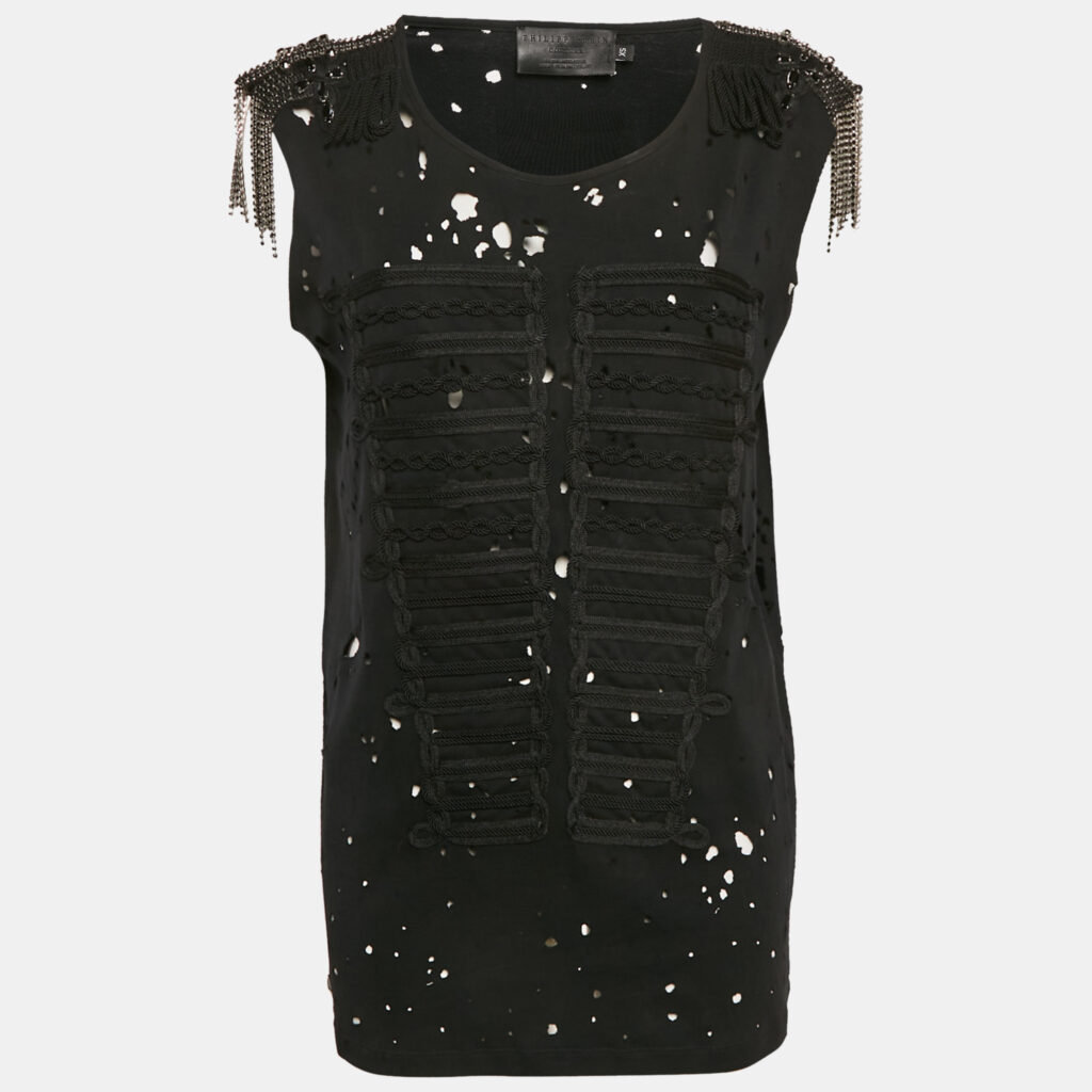 Philipp Plein Couture Black Shoulders Embellished Distressed Top XS