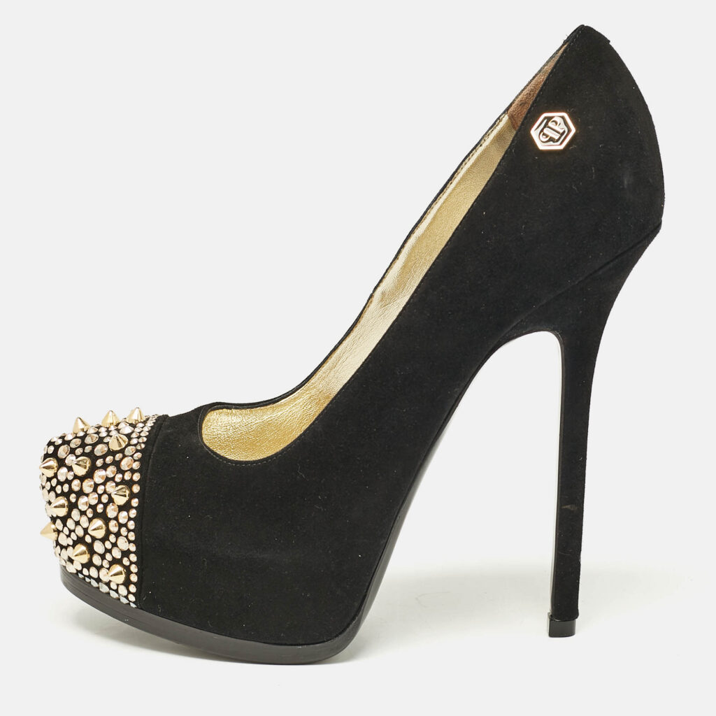 luxury-women-philipp-plein-used-shoes-p1093396-010 Philipp Plein Black Suede Spike Embellished Platform Pumps Size 37