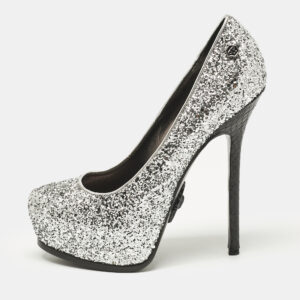 Philipp Plein Silver/Black Glitter and Python Platform Pumps Size 37