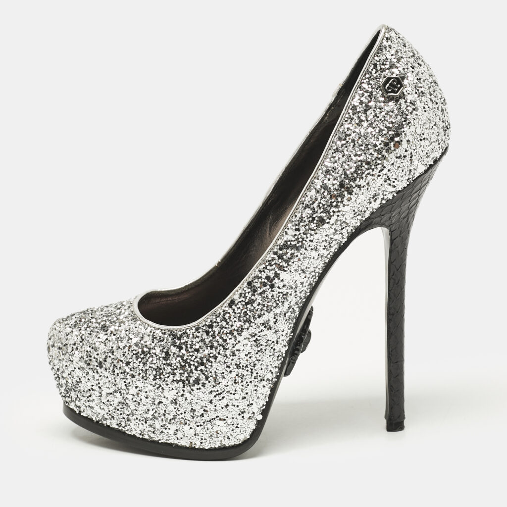 Philipp Plein Silver/Black Glitter and Python Platform Pumps Size 37