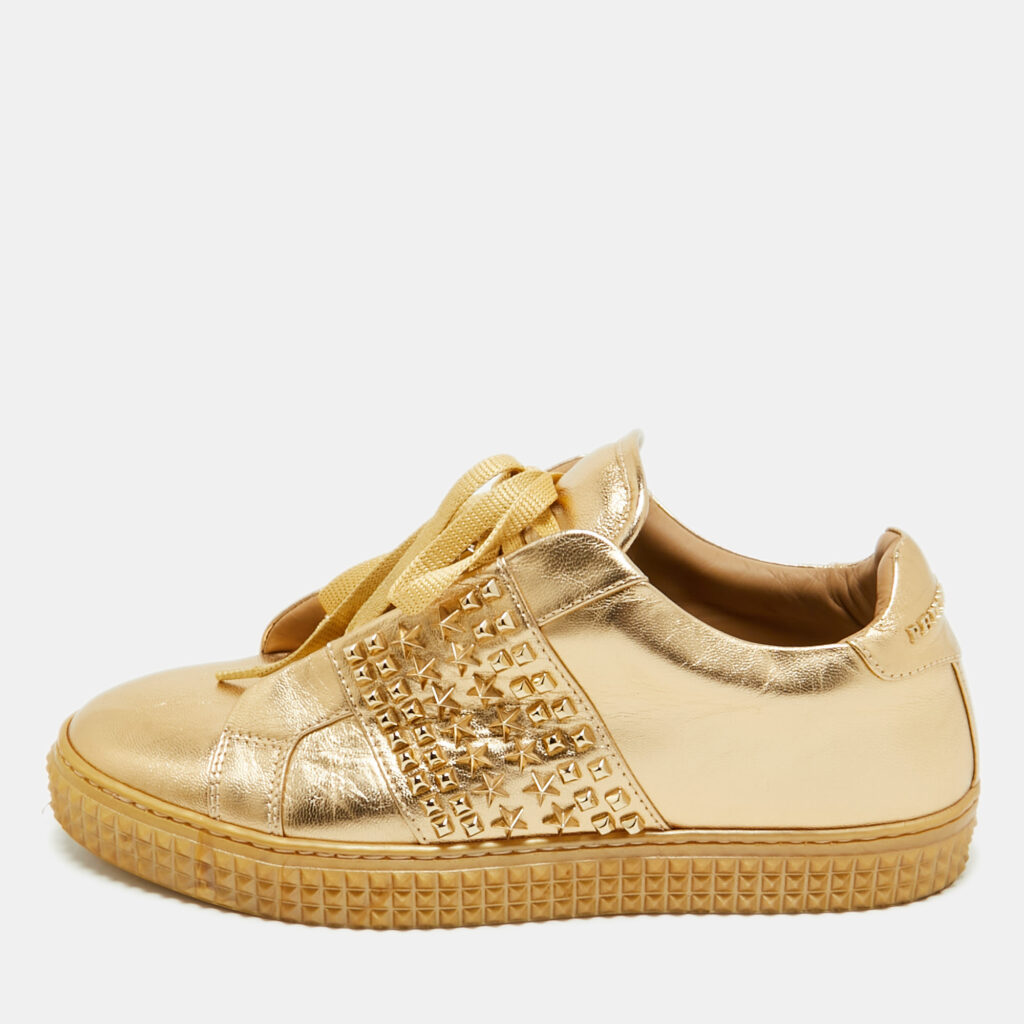 luxury-women-philipp-plein-used-shoes-p1159771-001 Philipp Plein Gold Leather Spike Studded Sneakers Size 38