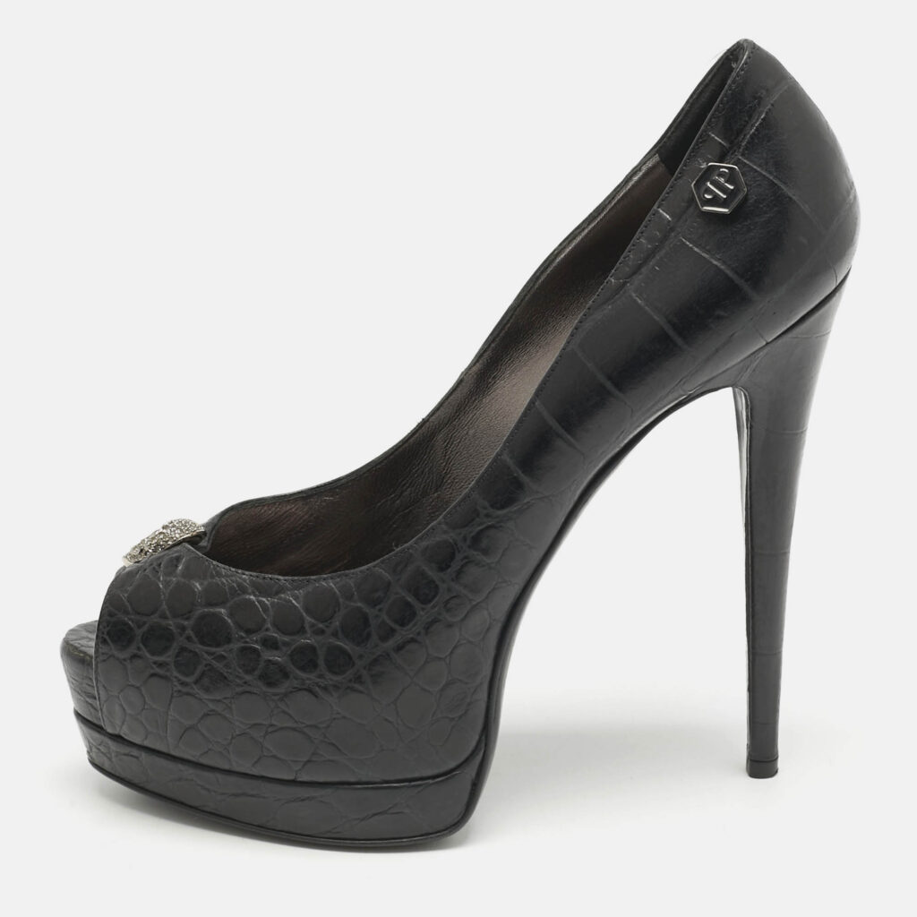 luxury-women-philipp-plein-used-shoes-p1160492-010 Philipp Plein Black Croc Embossed Leather Skull Peep Toe Platform Pumps Size 38
