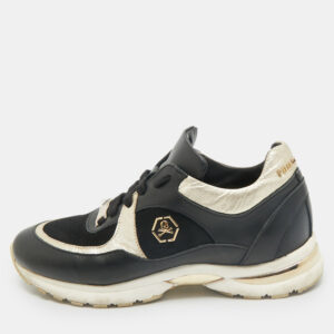 Philipp Plein Black/Gold Leather and Suede Low Top Sneakers Size 38