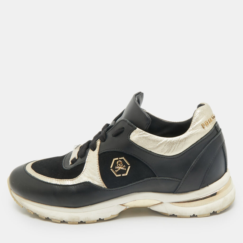 luxury-women-philipp-plein-used-shoes-p1167248-010 Philipp Plein Black/Gold Leather and Suede Low Top Sneakers Size 38