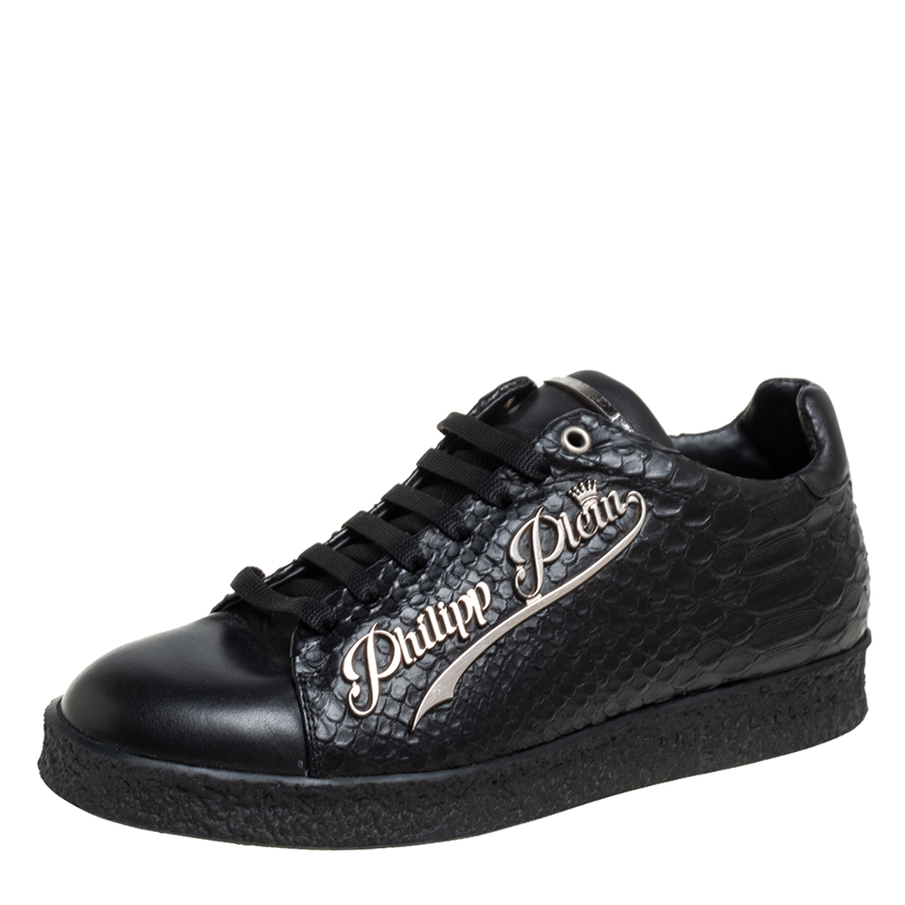 luxury-women-philipp-plein-used-shoes-p461750-002 Philipp Plein Black Python Embossed Leather Low Top Sneakers Size 39