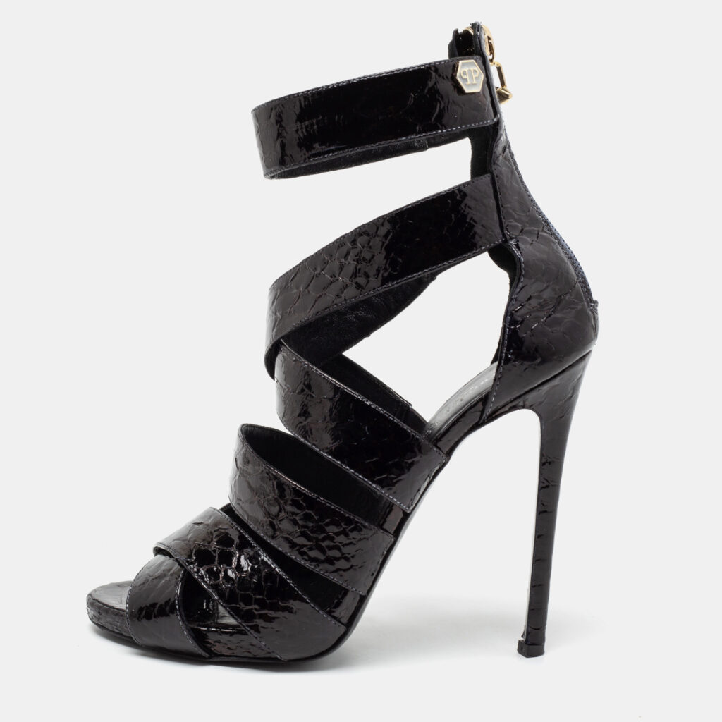 luxury-women-philipp-plein-used-shoes-p685917-006-1 Philipp Plein Black Python Embossed Leather Strappy Sandals Size 38