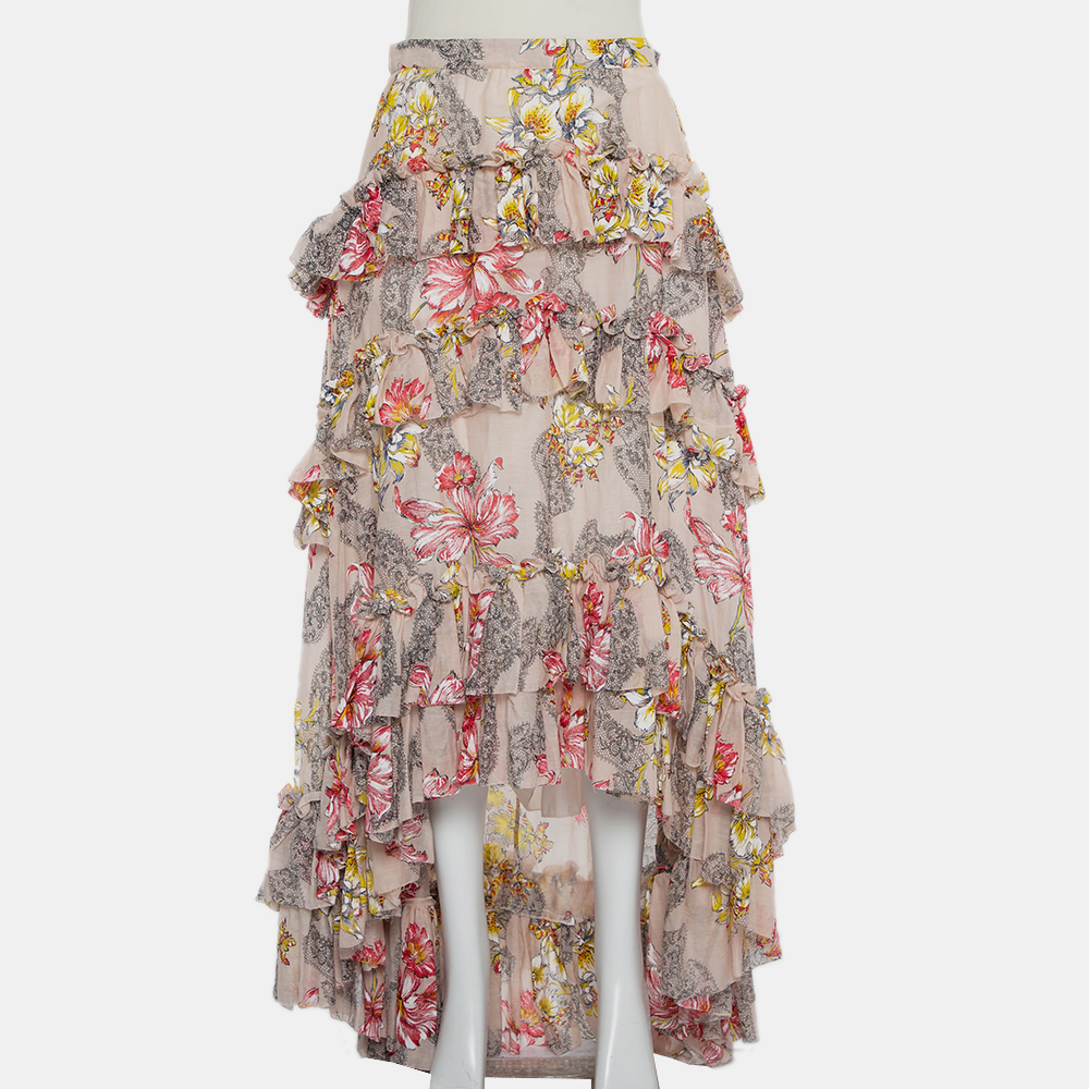 luxury-women-philosophy-used-clothes-p432281-009 Philosophy Beige Floral Printed Cotton & Silk Ruffled Asymmetric Hem Midi Skirt M