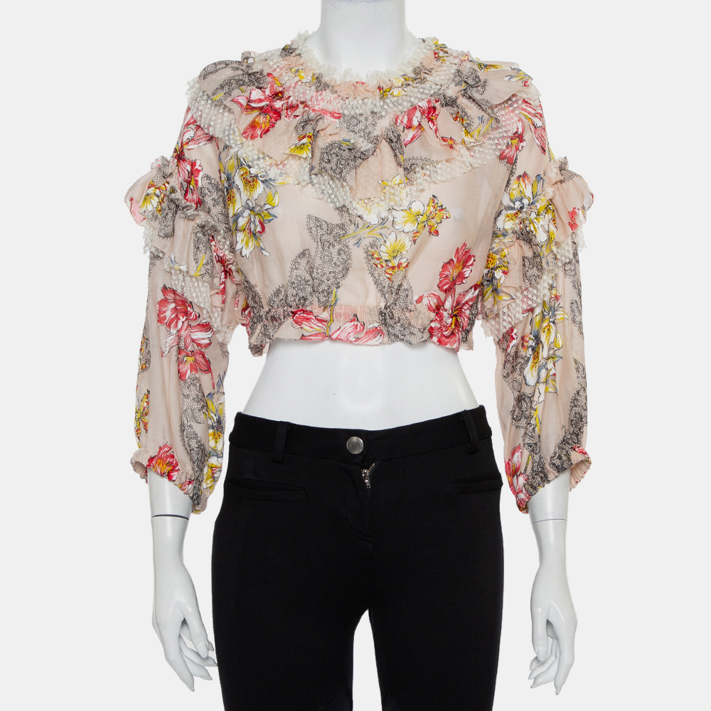 luxury-women-philosophy-used-clothes-p432298-010 Philosophy Di Lorenzo Serafini Pink Floral Printed Cotton Ruffled Crop Top M