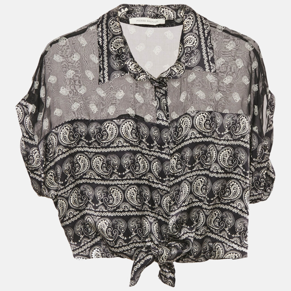 luxury-women-pierre-balmain-used-clothes-p1154457-002 Pierre Balmain Black Paisley Print Silk Tie Knot Crop Top M