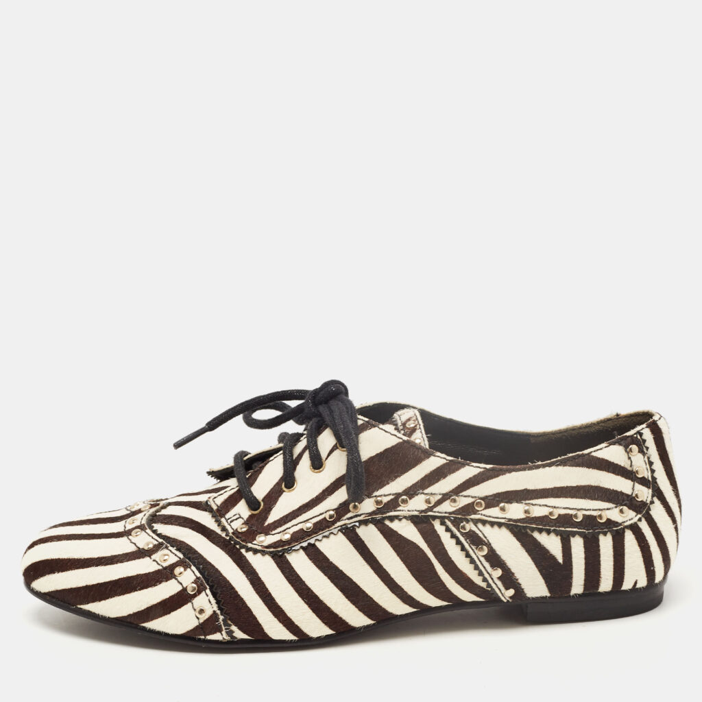 luxury-women-pierre-balmain-used-shoes-p814611-010 Pierre Balmain Black/ White Zebra Print Pony Hair and Leather Studded Lace Up Oxfords Size 37