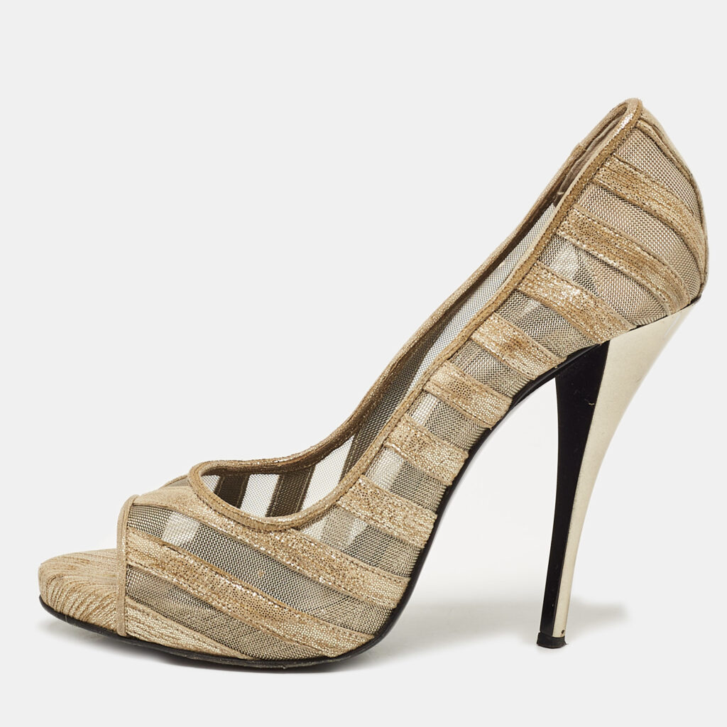 luxury-women-pierre-hardy-used-shoes-p1103604-001 PIERRE HARDY Gold Mesh and Suede Peep Toe Pumps Size 37