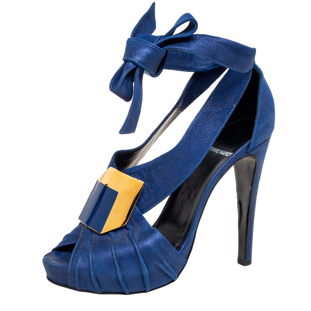 luxury-women-pierre-hardy-used-shoes-p607944-005-2 Pierre Hardy Blue Laminated Suede Buckle Ankle-Tie Sandals Size 38
